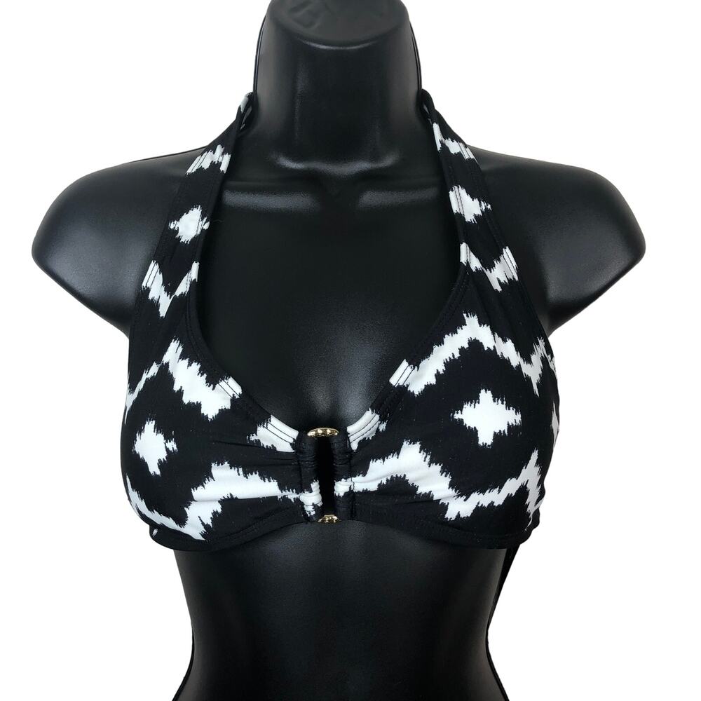 NEW CHAPS Womens 10 Chevron Print Halter Bikini Swim Top Black White